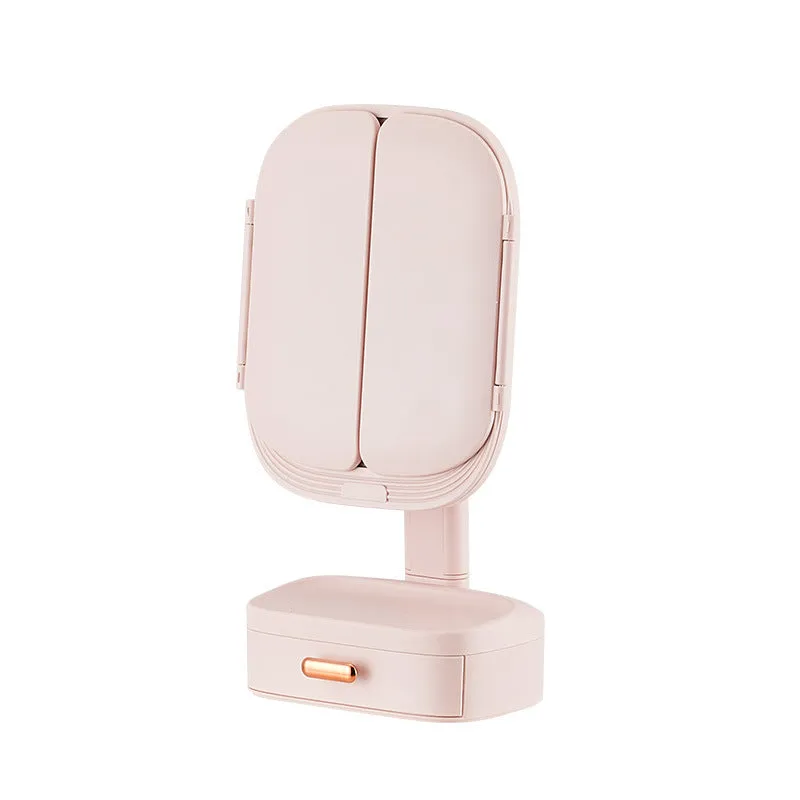 Foldable LED desktop cosmetic mirror with USB power, plastic frame, 17.5x11x36cm, in white