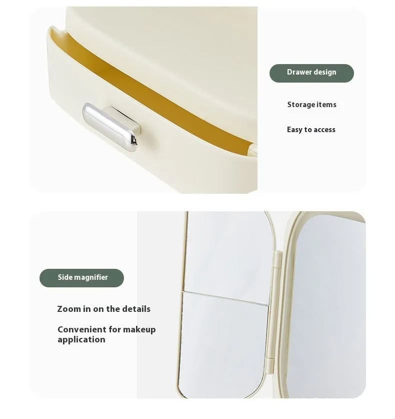 Foldable LED desktop cosmetic mirror with USB power, plastic frame, 17.5x11x36cm, in white
