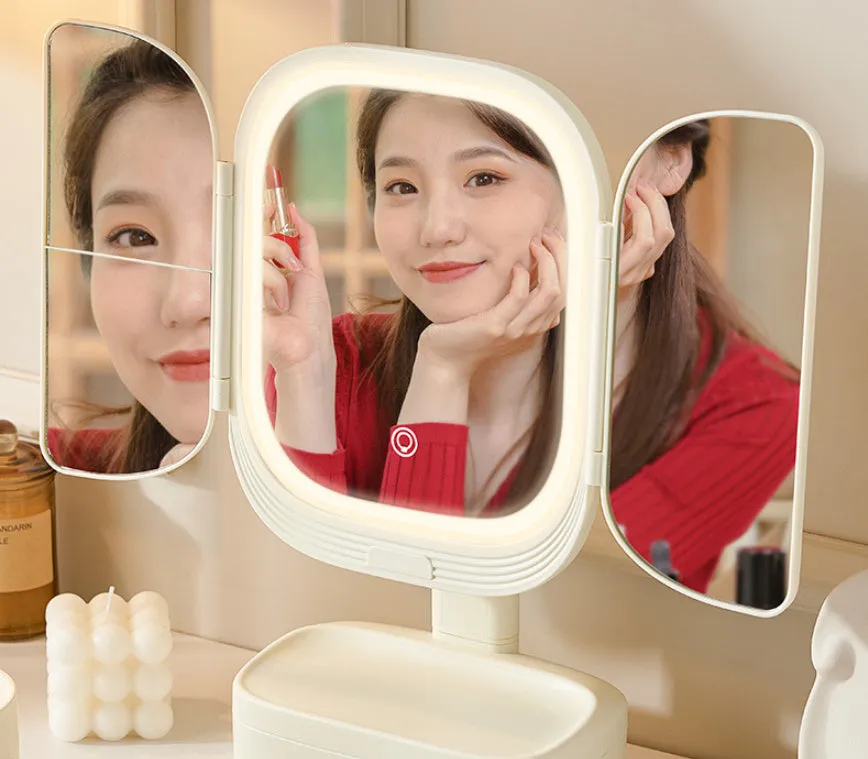 Foldable LED desktop cosmetic mirror with USB power, plastic frame, 17.5x11x36cm, in white