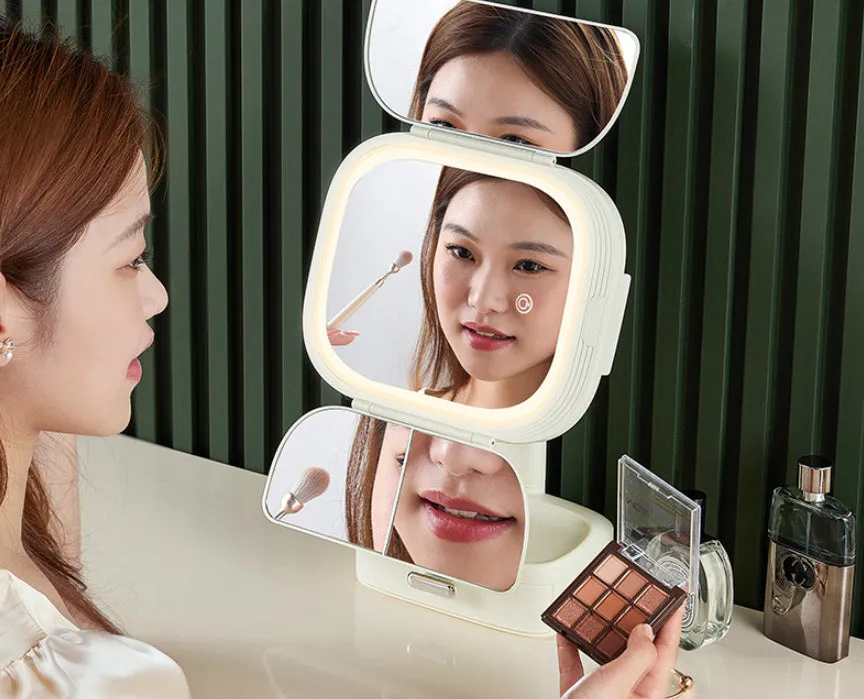 Foldable LED desktop cosmetic mirror with USB power, plastic frame, 17.5x11x36cm, in white