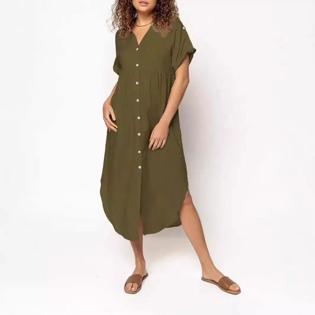 Loose-fitting casual midi dress with buttons down the front, shown in a solid colour.