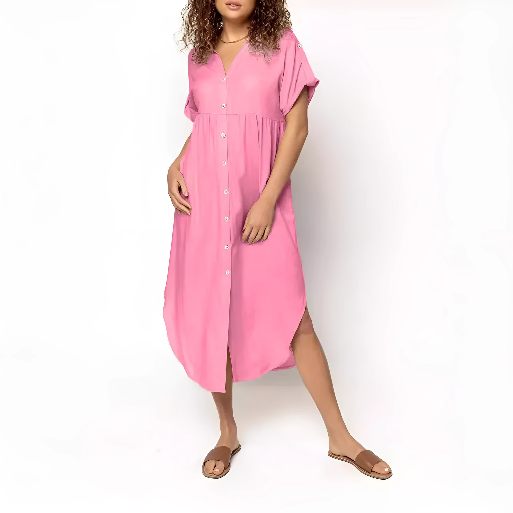 Loose-fitting casual midi dress with buttons down the front, shown in a solid colour.