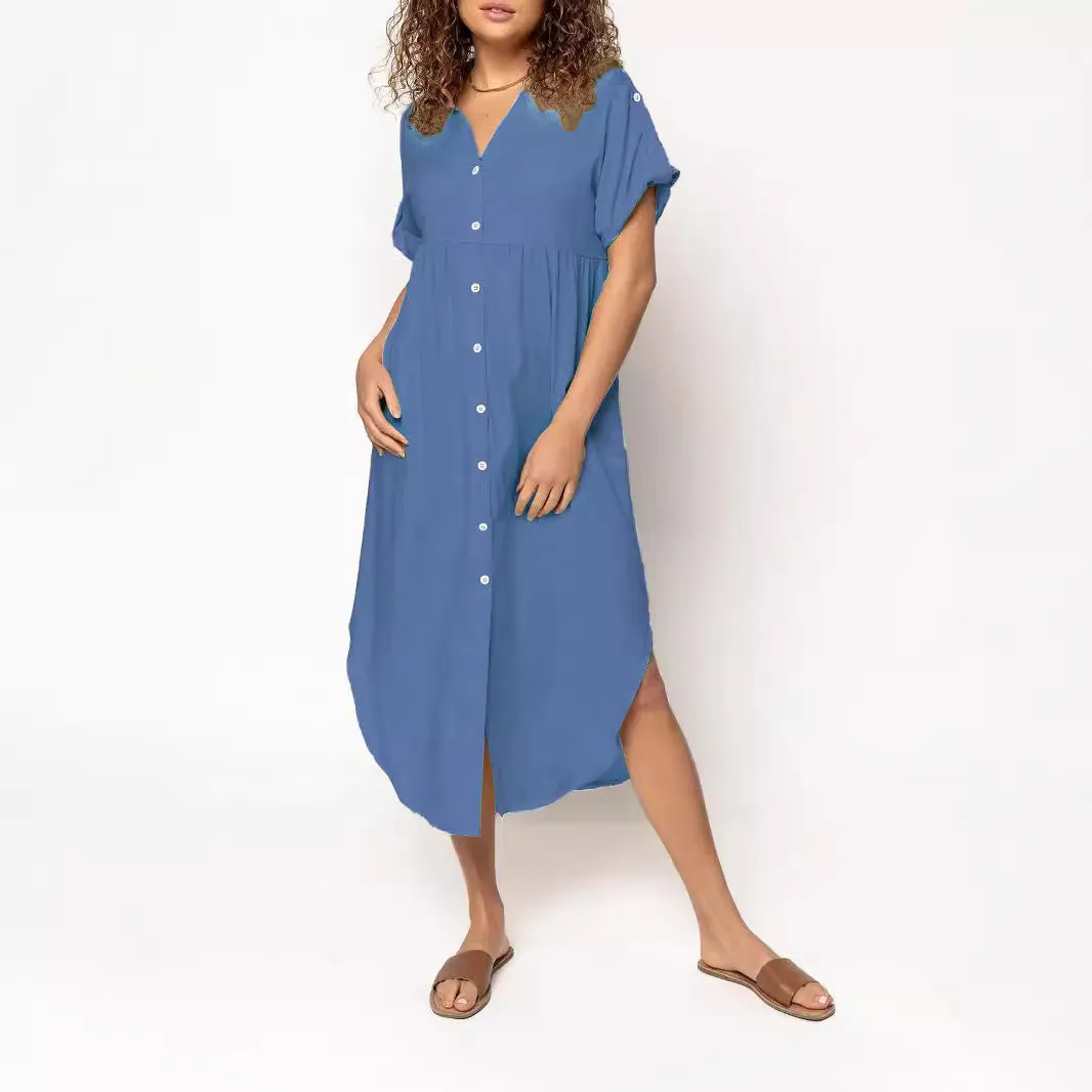 Loose-fitting casual midi dress with buttons down the front, shown in a solid colour.