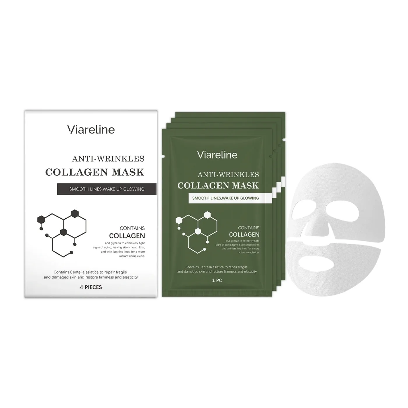 Anti-wrinkle collagen sheet mask with hyaluronic acid and nicotinamide serum in foil pack