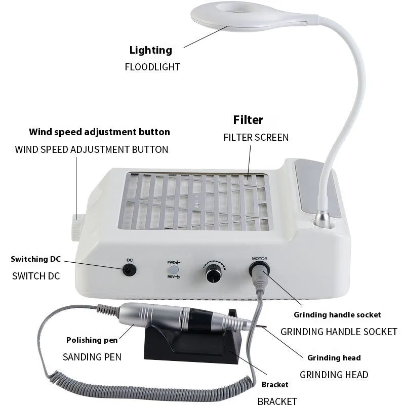 White electric nail polishing machine with built-in vacuum cleaner and four-in-one grinder functions