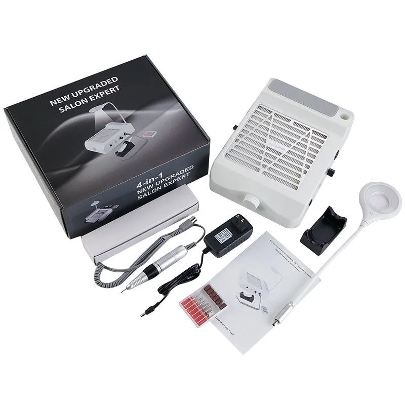 White electric nail polishing machine with built-in vacuum cleaner and four-in-one grinder functions