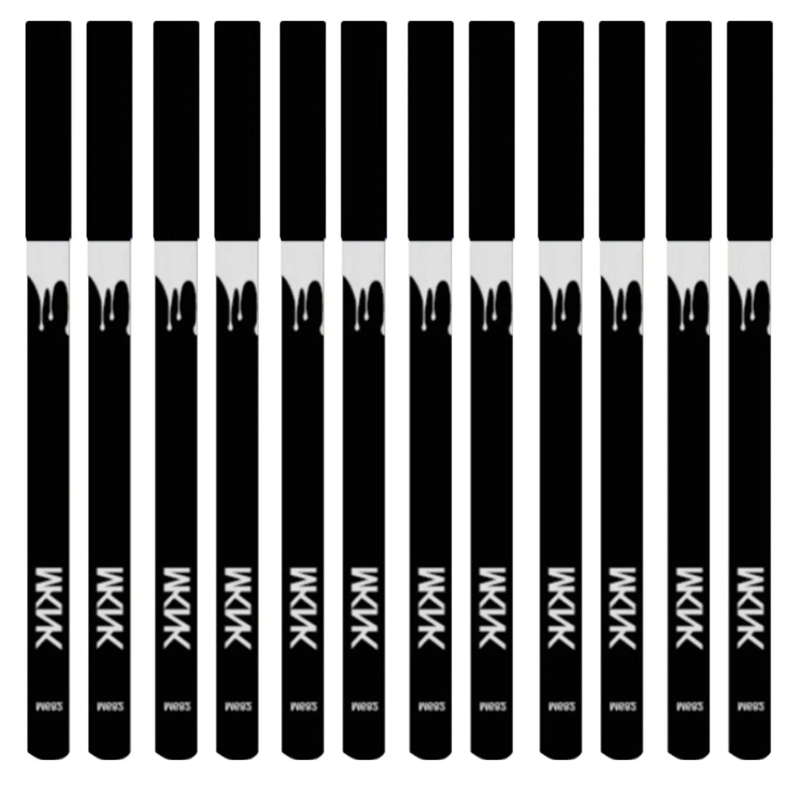 12 white and black retractable eyeliner pencils with a sharpener on a white background.