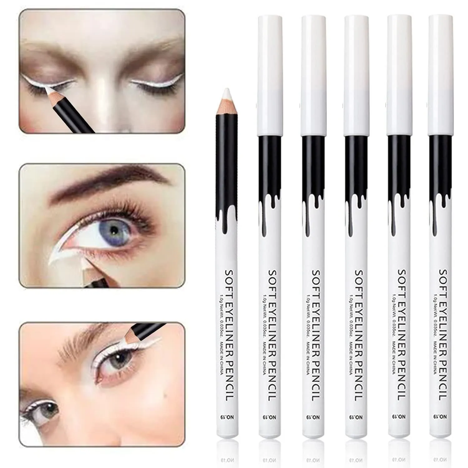 12 white and black retractable eyeliner pencils with a sharpener on a white background.