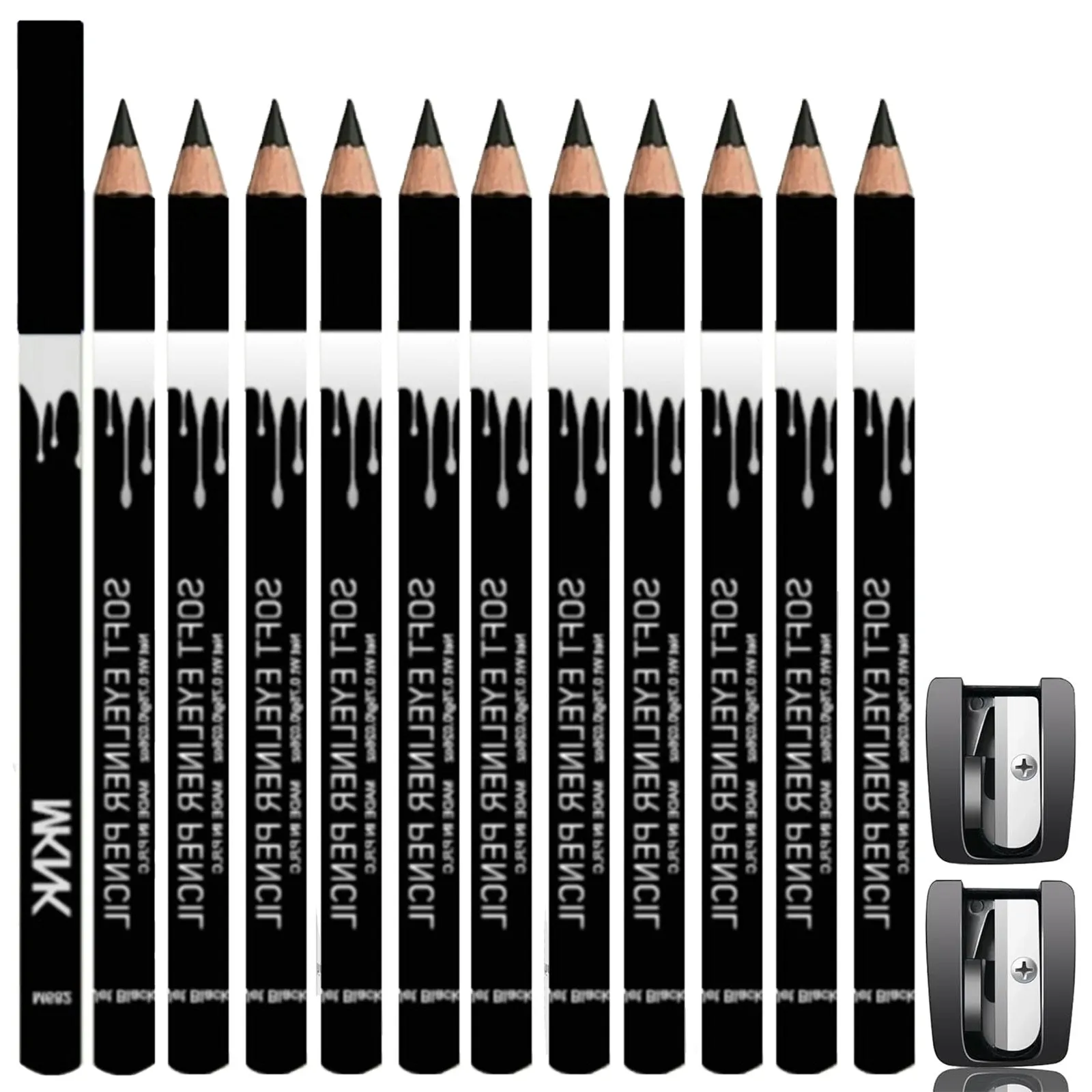 12 white and black retractable eyeliner pencils with a sharpener on a white background.