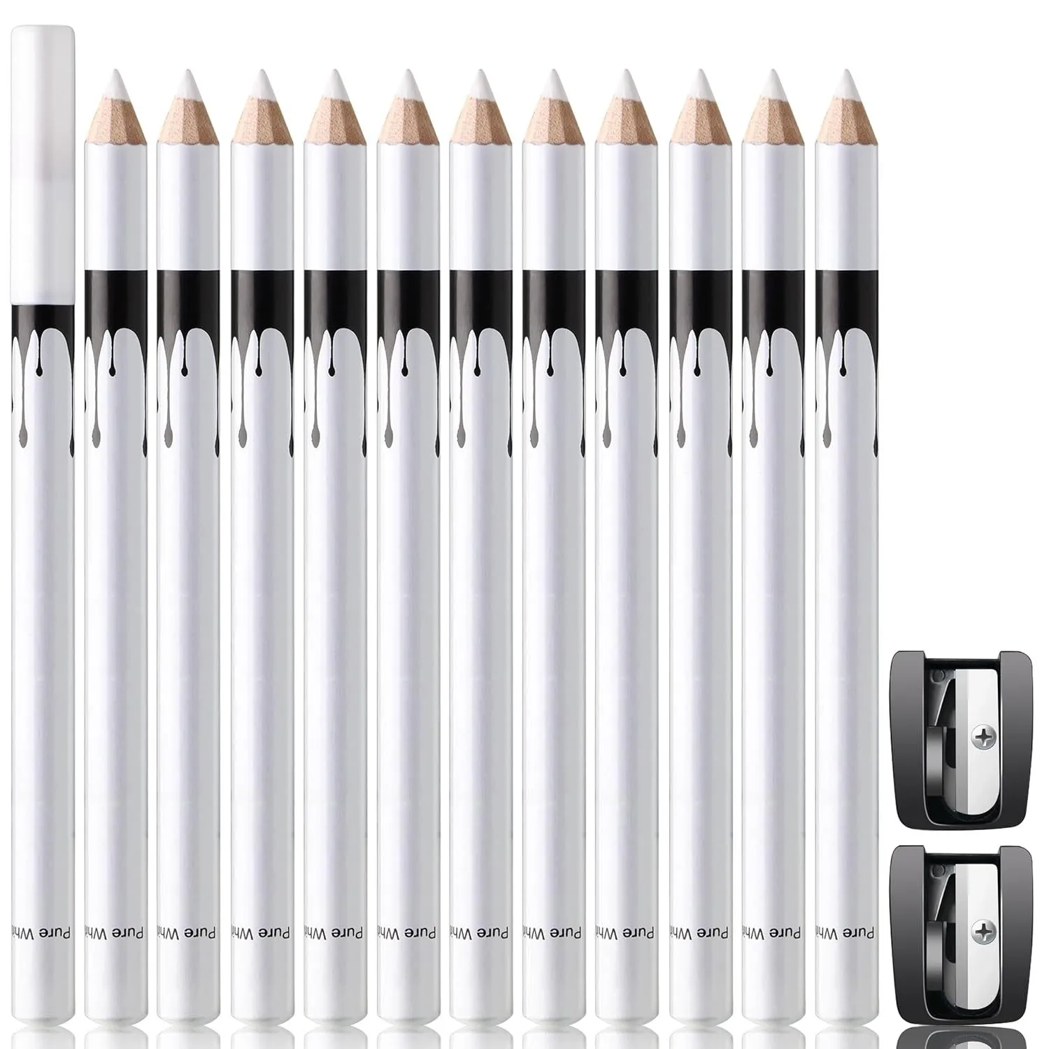 12 white and black retractable eyeliner pencils with a sharpener on a white background.