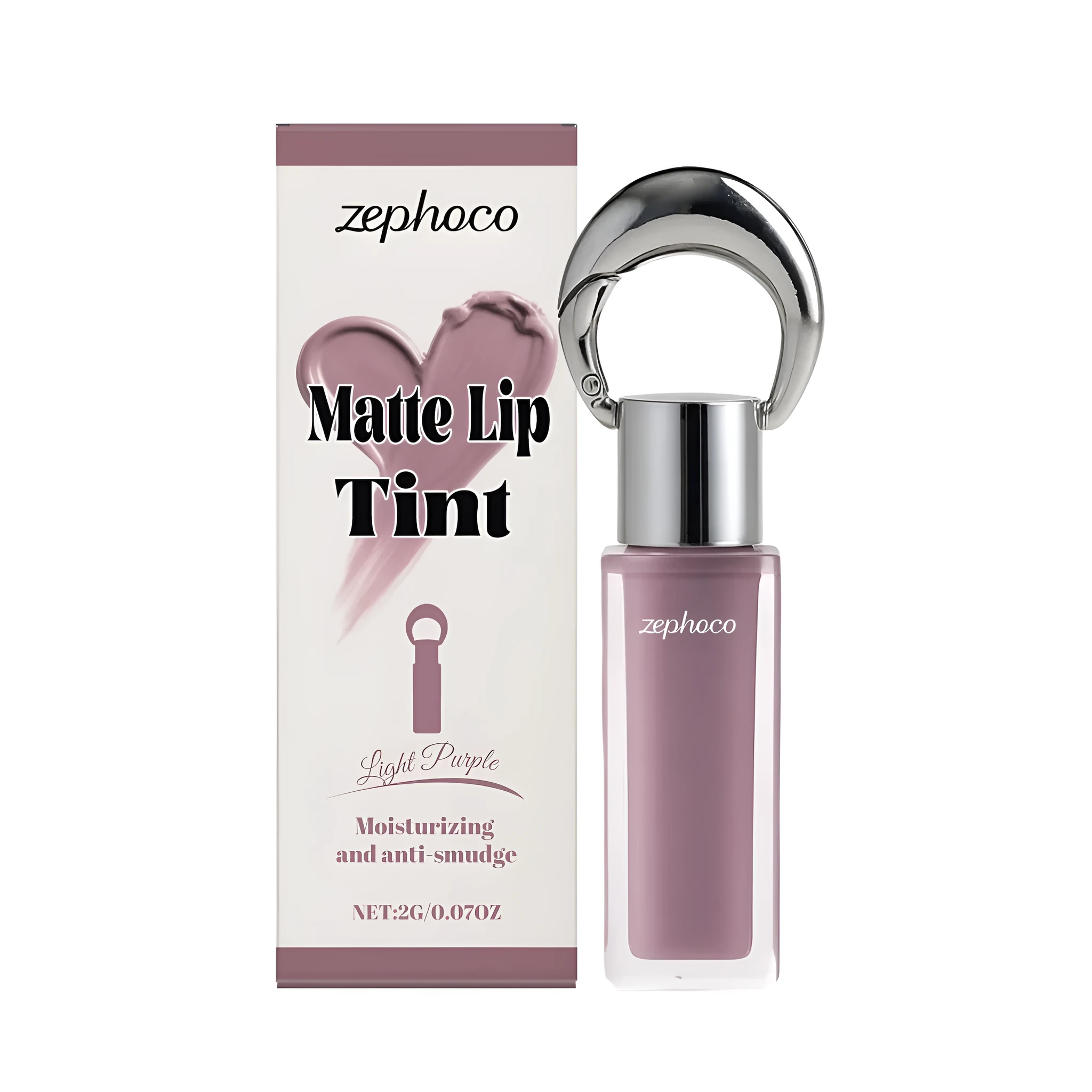 Matte lip tint in Light Purple shade with wand applicator, smooth matte finish in tube