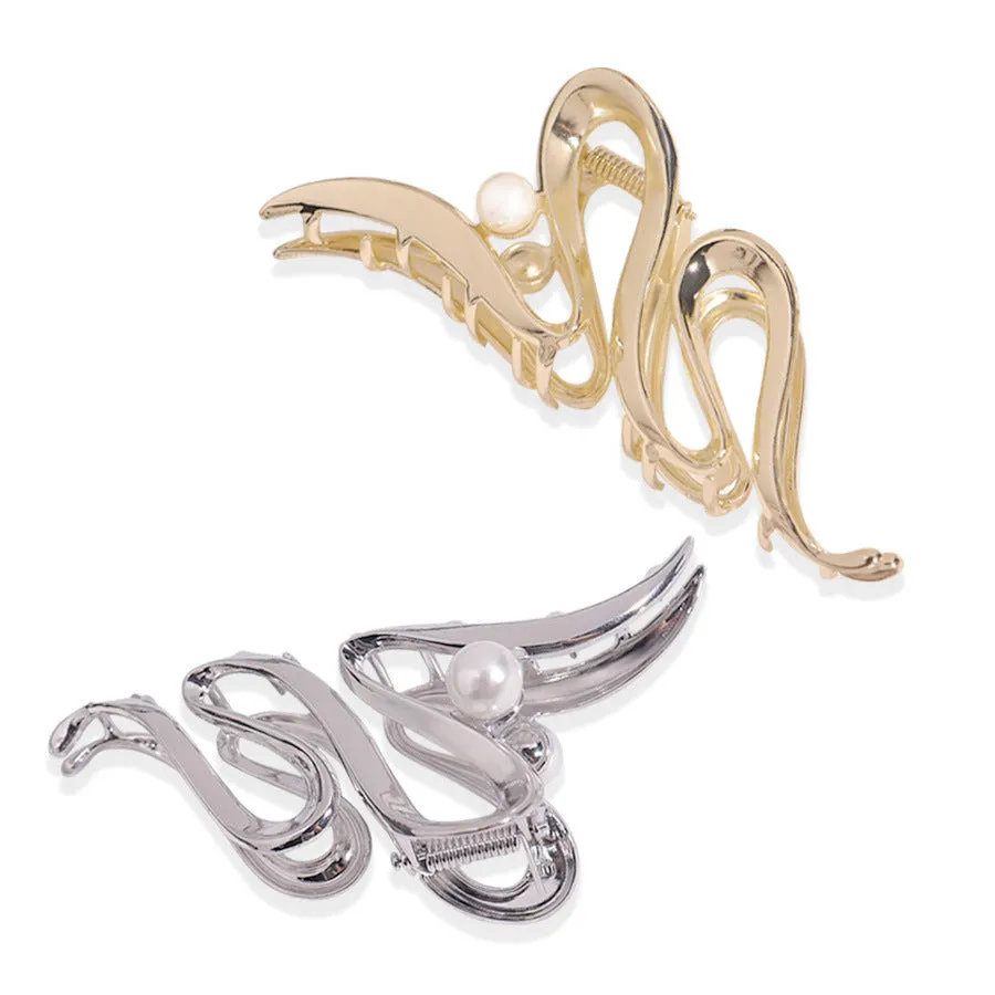 Assortment of silver metal hair barrettes and claw clips in various Korean-style designs on a white background.