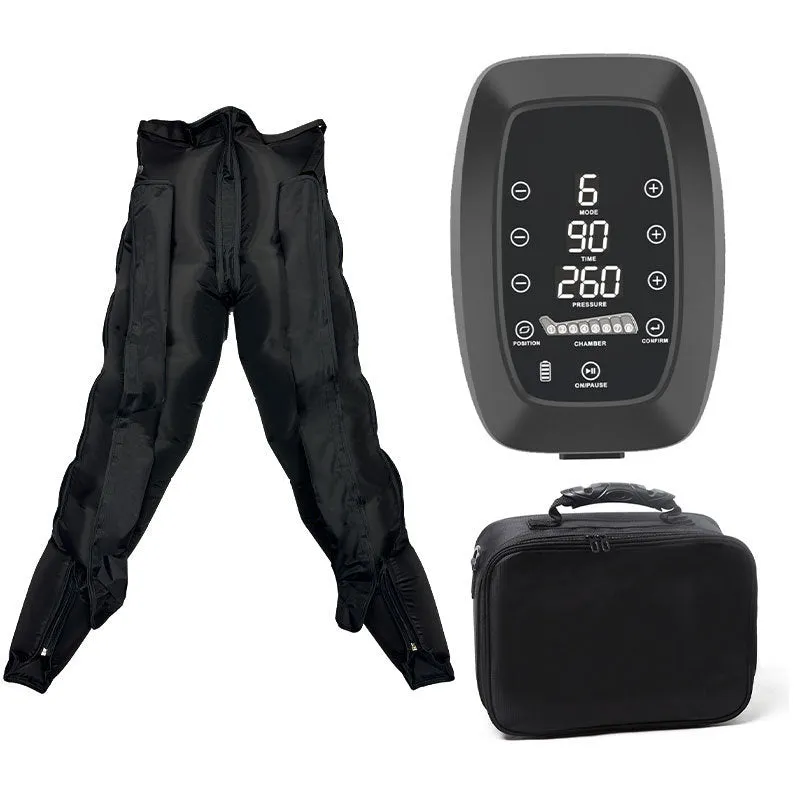Eight-cavity air wave leg massage machine in black with leg guard and host unit