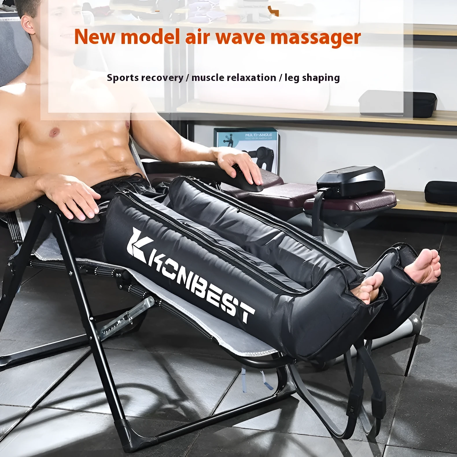 Eight-cavity air wave leg massage machine in black with leg guard and host unit