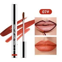 Slippery lip liner pencil in waterproof, smudge-proof formula with eight colour options A to H.
