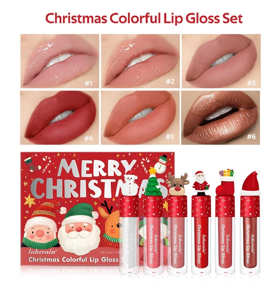 Christmas lip gloss set 6-piece red matte velvet, festive makeup gift, red shades in compact packaging