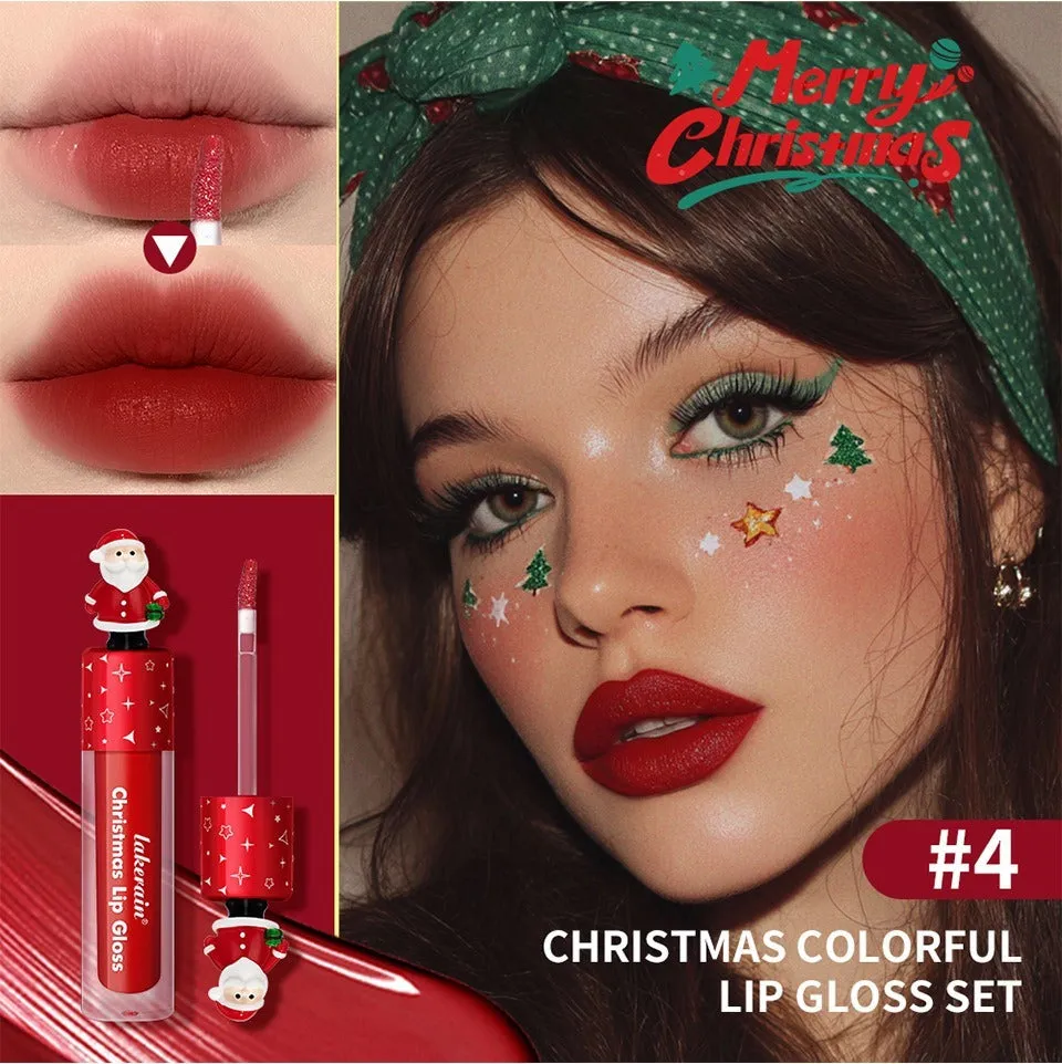 Christmas lip gloss set 6-piece red matte velvet, festive makeup gift, red shades in compact packaging