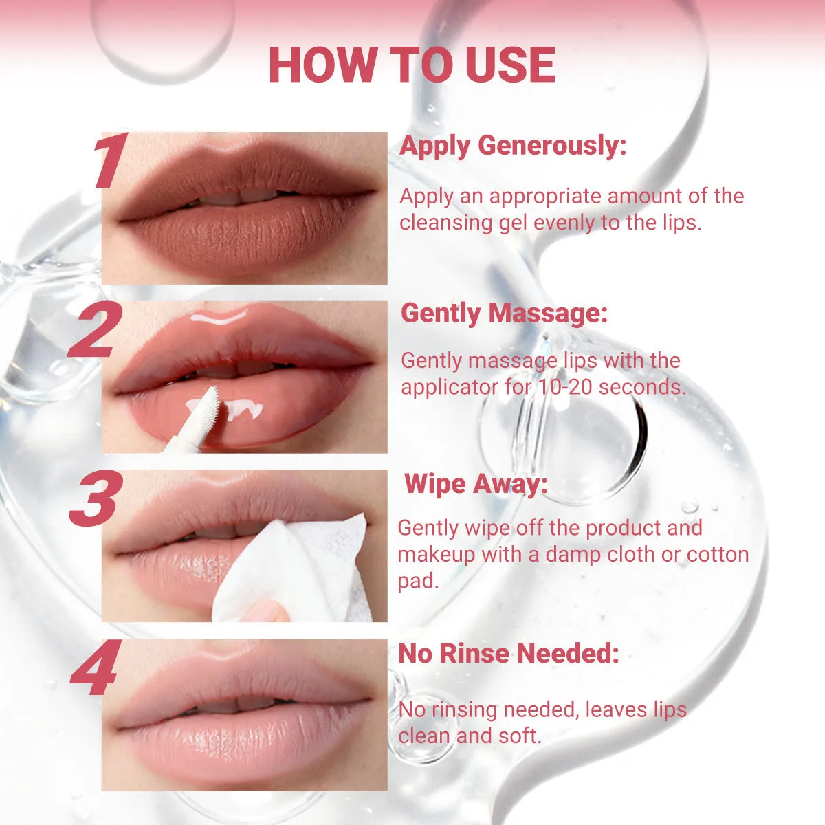 Three-in-one lip makeup remover gel in standard bottle for gentle waterproof makeup removal
