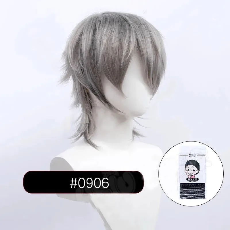 Short styled black and blue anime cosplay wig with a tail for men on a stand.
