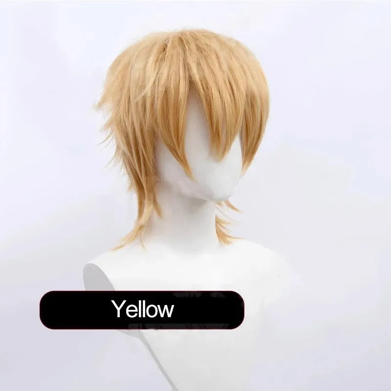 Short styled black and blue anime cosplay wig with a tail for men on a stand.
