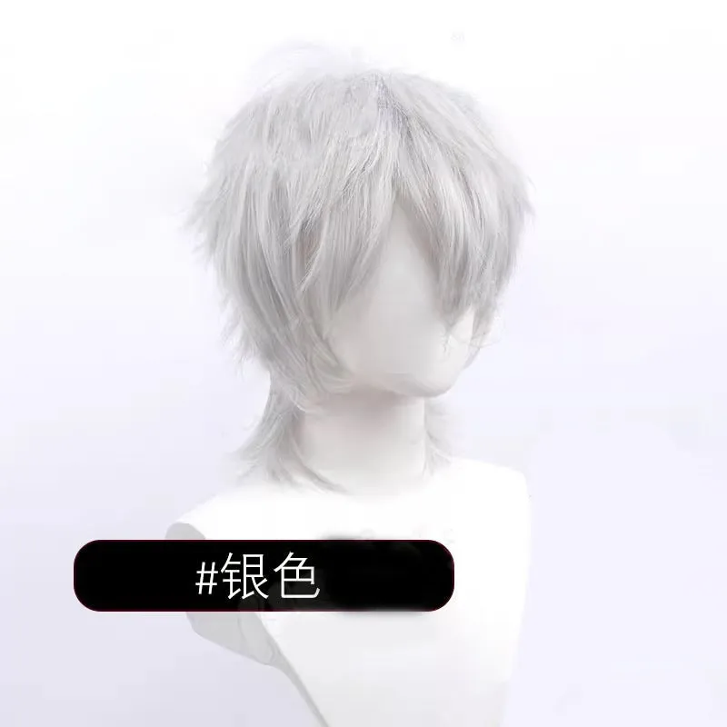 Short styled black and blue anime cosplay wig with a tail for men on a stand.
