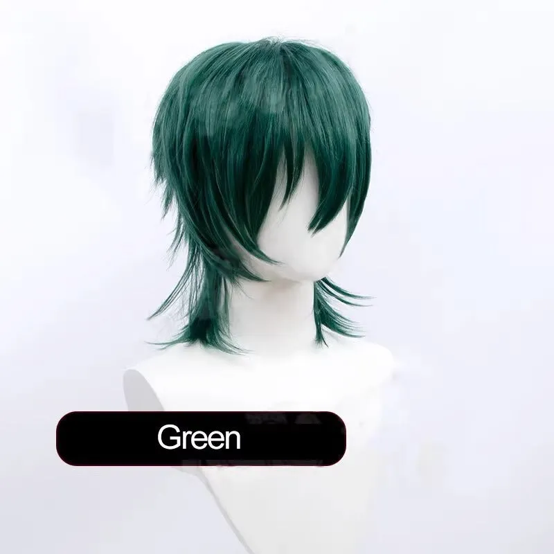 Short styled black and blue anime cosplay wig with a tail for men on a stand.