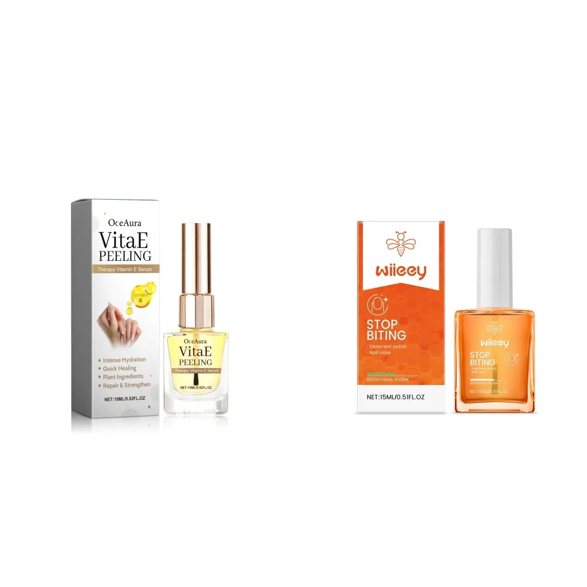 Nail anti-bite bitter nail water 15ml set with treatment solution and two nail files on a white background