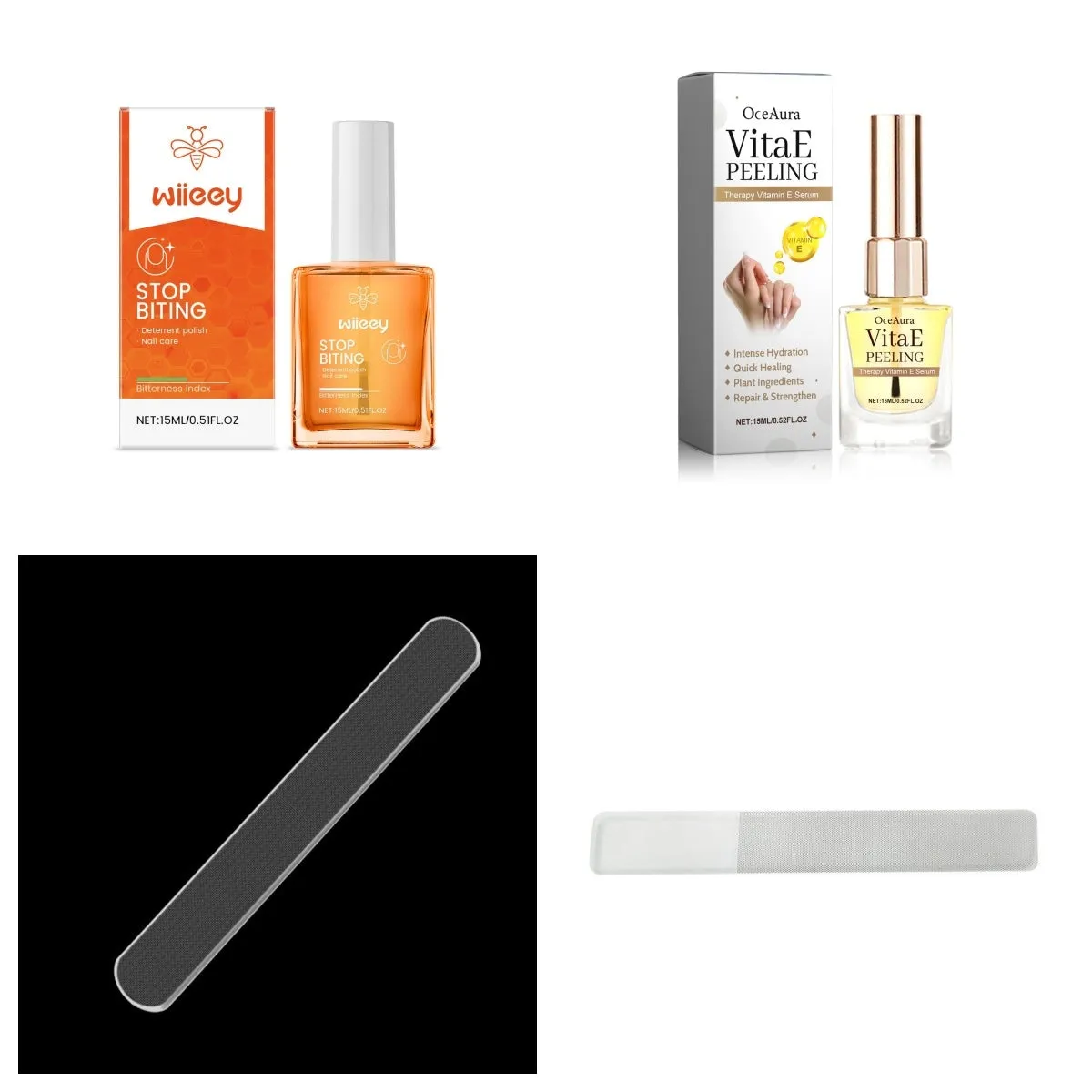 Nail anti-bite bitter nail water 15ml set with treatment solution and two nail files on a white background