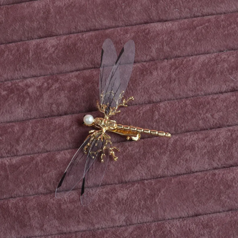 Golden dragonfly side clip headdress for women's hair with electroplated alloy construction