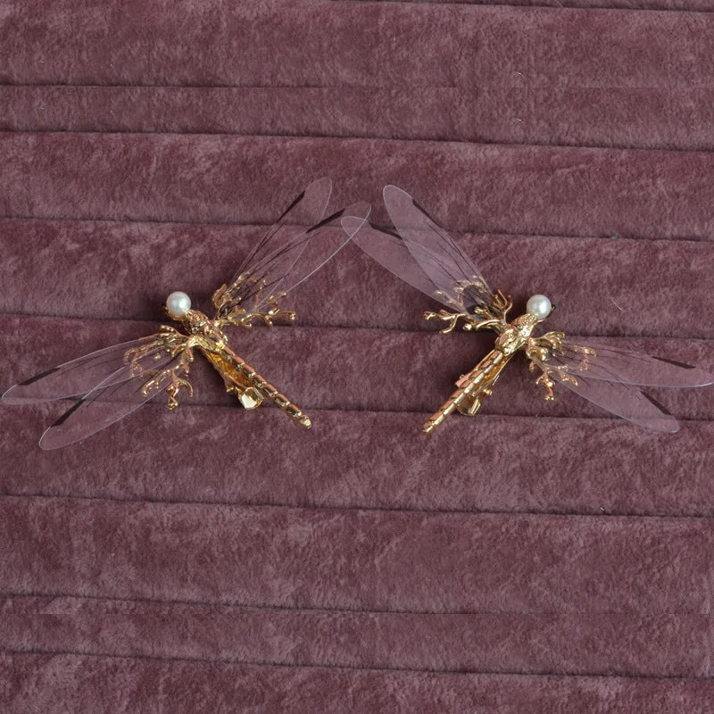 Golden dragonfly side clip headdress for women's hair with electroplated alloy construction