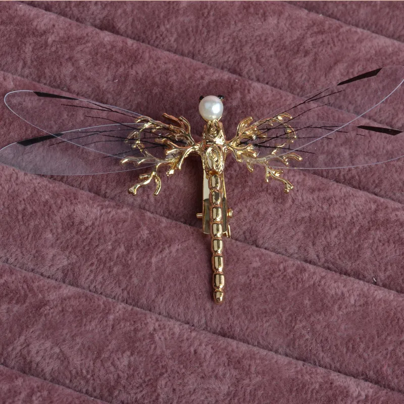 Golden dragonfly side clip headdress for women's hair with electroplated alloy construction