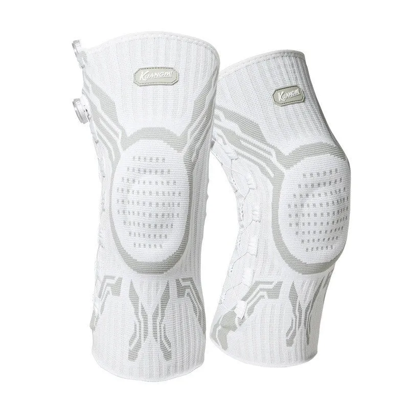 Grey and white adult sports knee pad for left or right foot, sizes M L XL available.