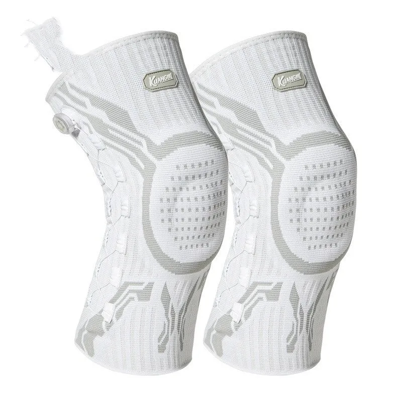 Grey and white adult sports knee pad for left or right foot, sizes M L XL available.
