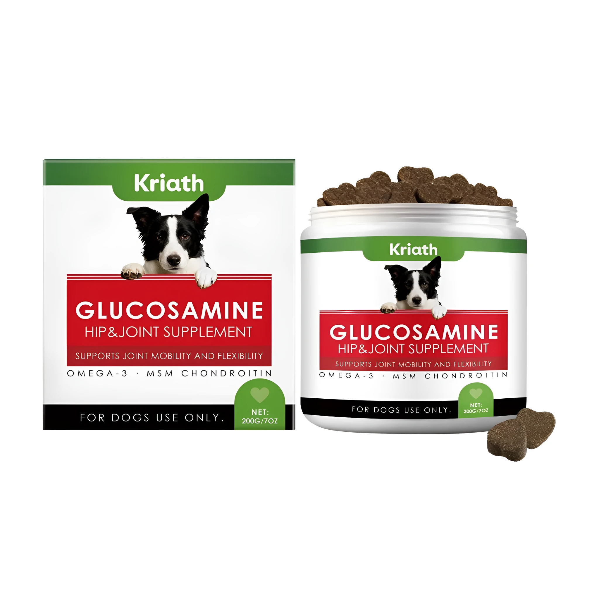 Dog joint relief granules in a 200g tub with glucosamine, MSM, chondroitin, and omega fatty acids