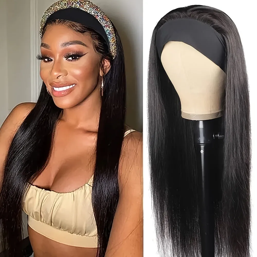 Headband wig with straight or curly high-temperature fibre hair in black or wine red