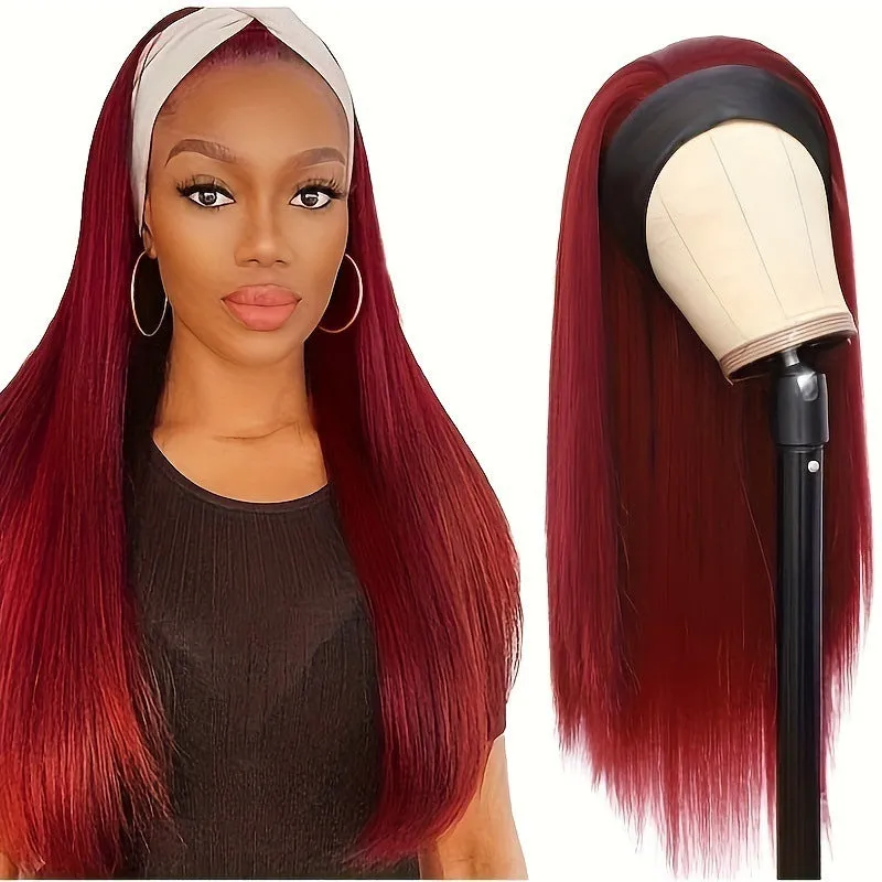 Headband wig with straight or curly high-temperature fibre hair in black or wine red