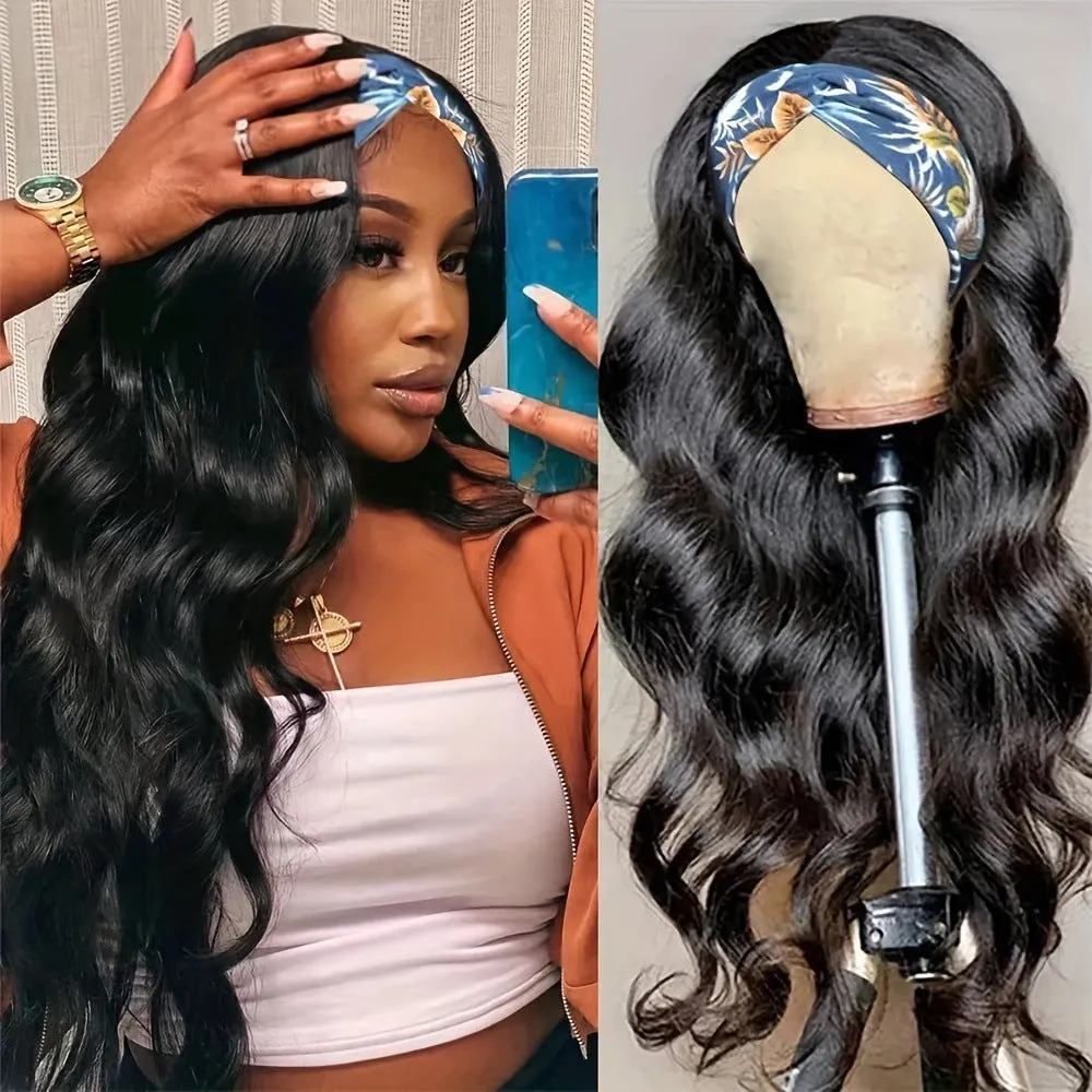 Headband wig with straight or curly high-temperature fibre hair in black or wine red