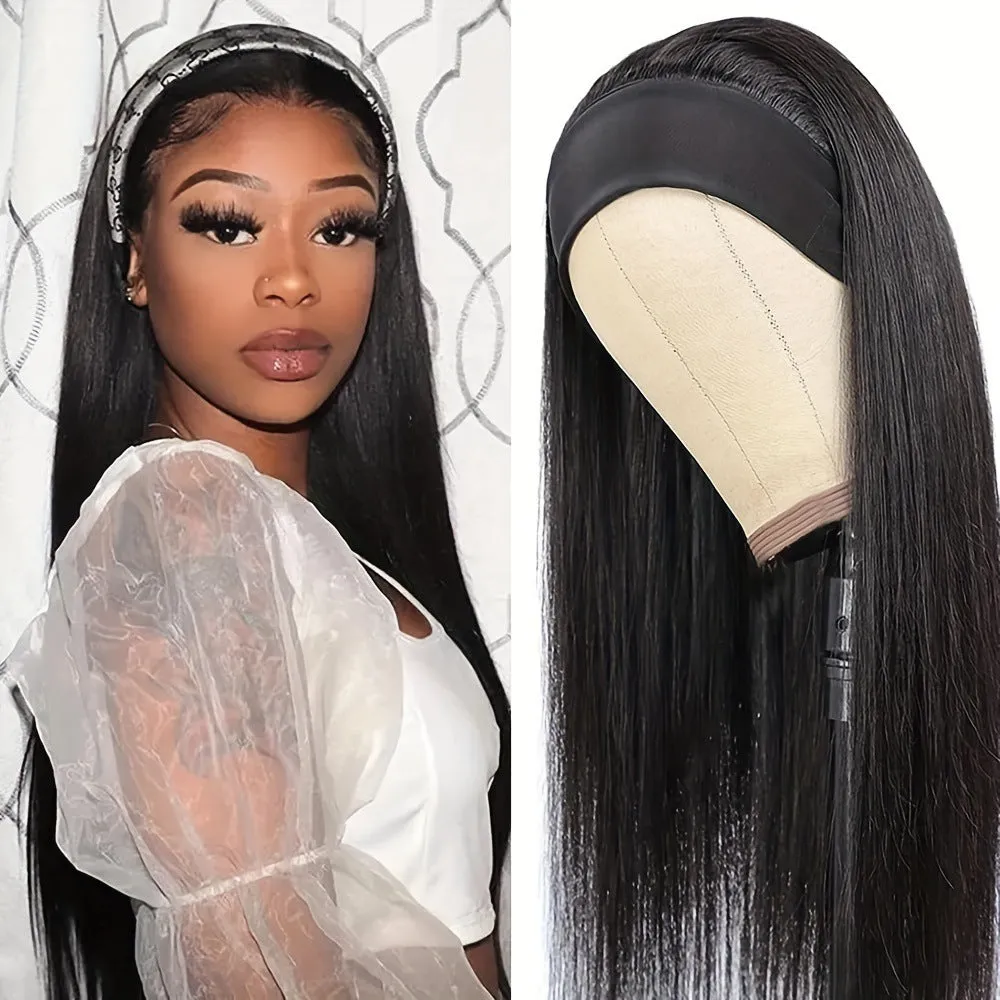 Headband wig with straight or curly high-temperature fibre hair in black or wine red