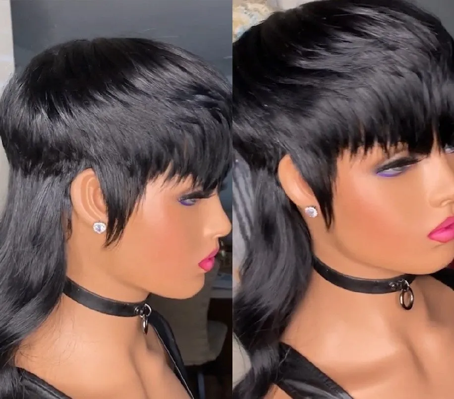Black Brazilian synthetic wig with bangs, short front and long back hair.