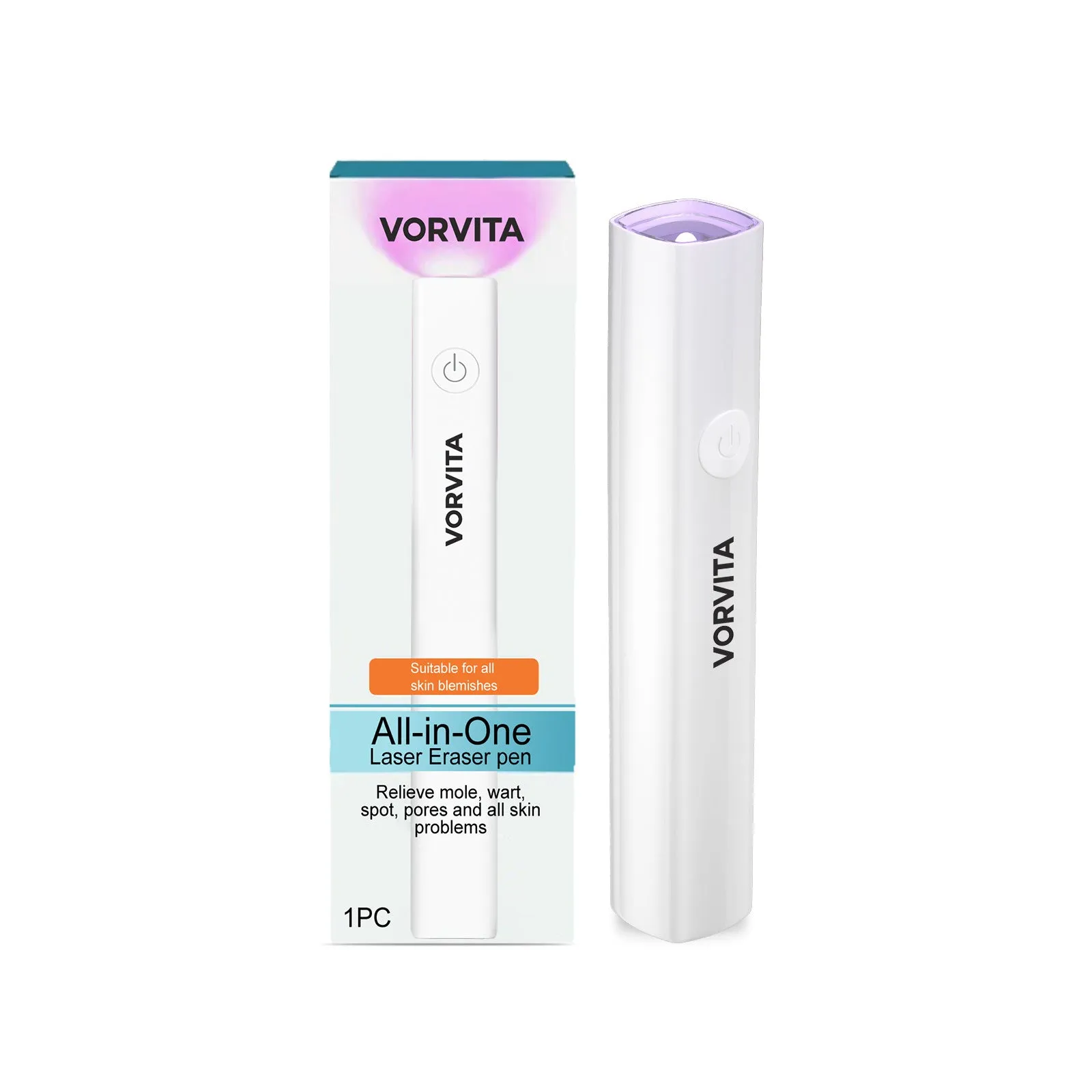 Handheld skin care laser pen with ABS plastic body and data cable on a white background