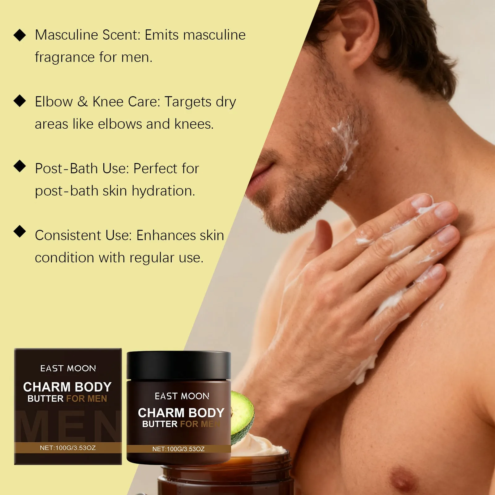 Charm Body Butter For Men 100g bottle with jojoba and fruit extracts for skin conditioning