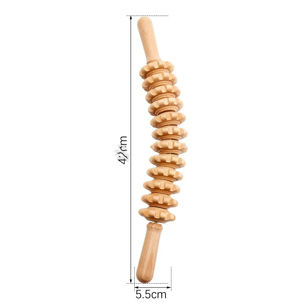Assortment of natural beechwood massage rollers and Gua Sha tools including T-shaped and multi-wheel designs.
