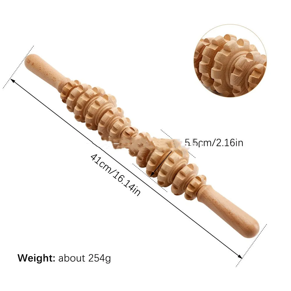 Assortment of natural beechwood massage rollers and Gua Sha tools including T-shaped and multi-wheel designs.
