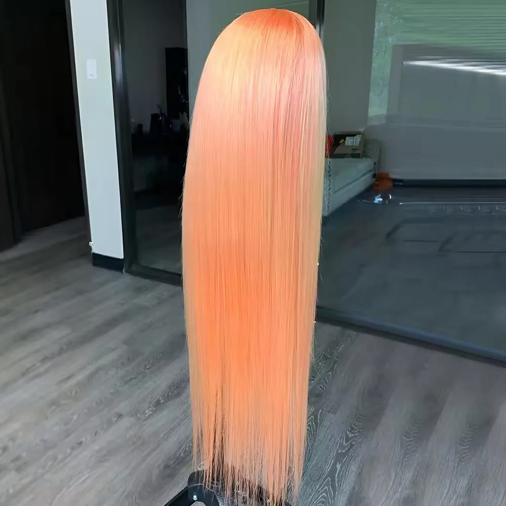 Light orange long straight hair wig with side bangs and front lace, displayed on a wig head.