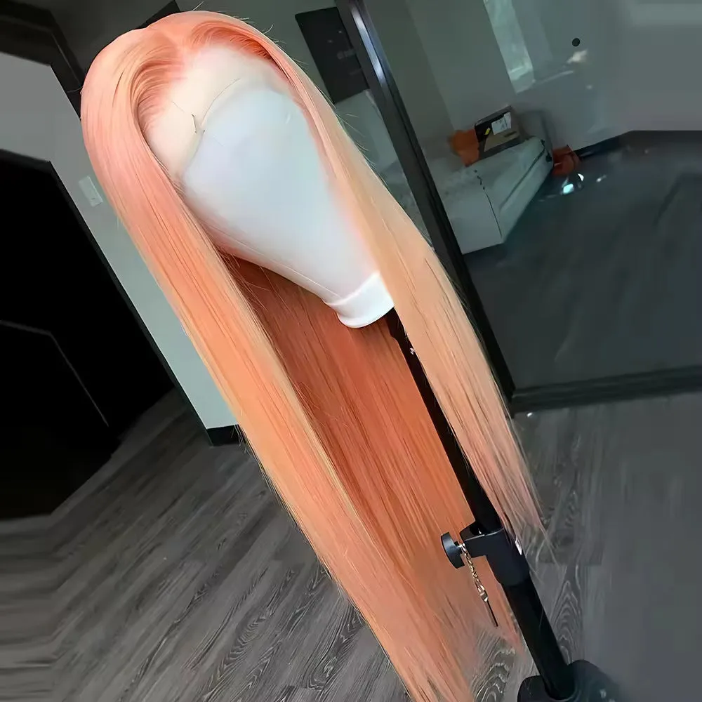 Light orange long straight hair wig with side bangs and front lace, displayed on a wig head.