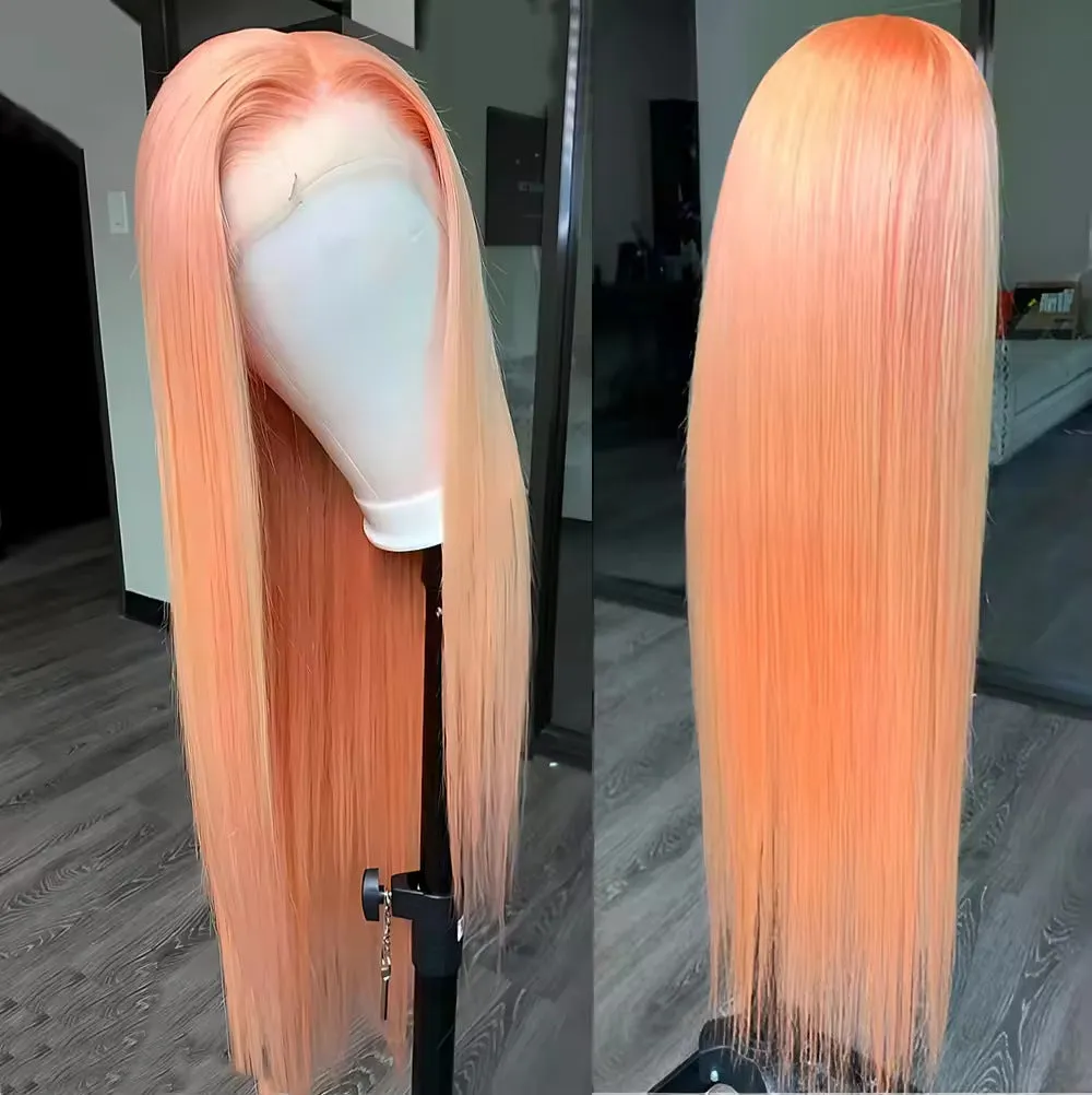 Light orange long straight hair wig with side bangs and front lace, displayed on a wig head.