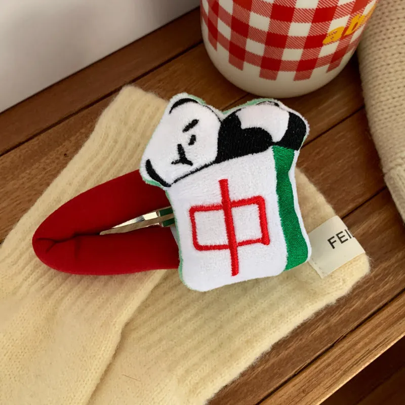 Cartoon doll sponge bang hair clip with retro mahjong and Chinese character design