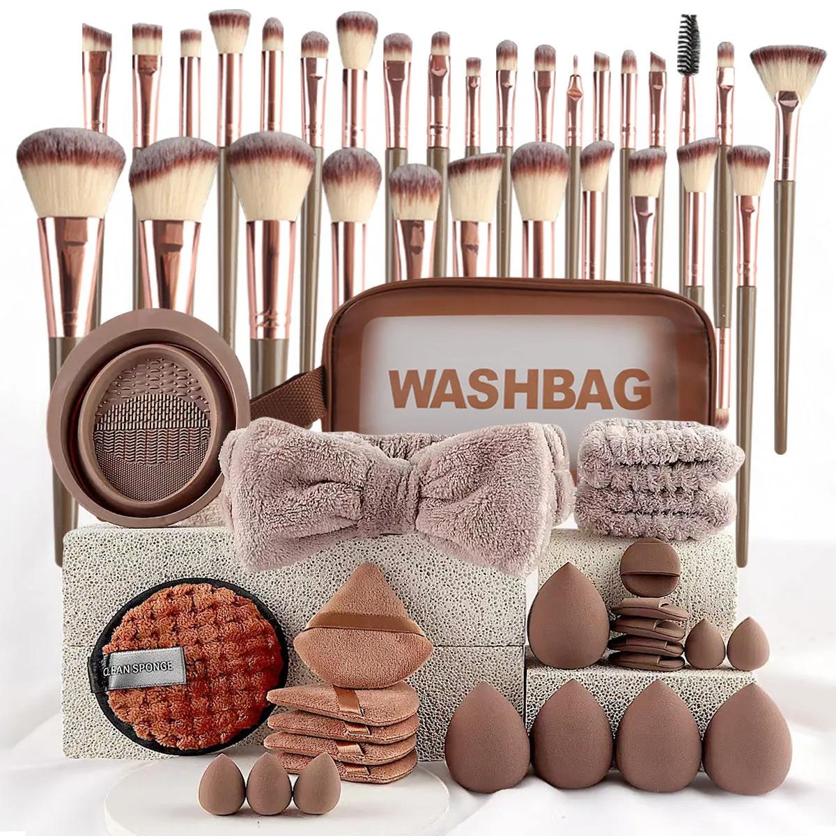 Beauty tool combination set with multiple pieces in brown, pink, and purple colours for face wash and makeup application