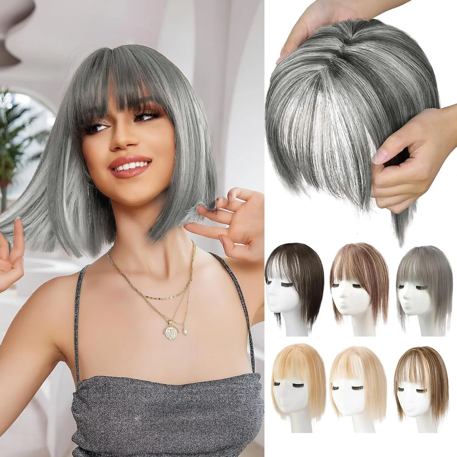 Women's hand-woven high temperature fibre wig natural lightweight breathable cover grey hair invisible cap