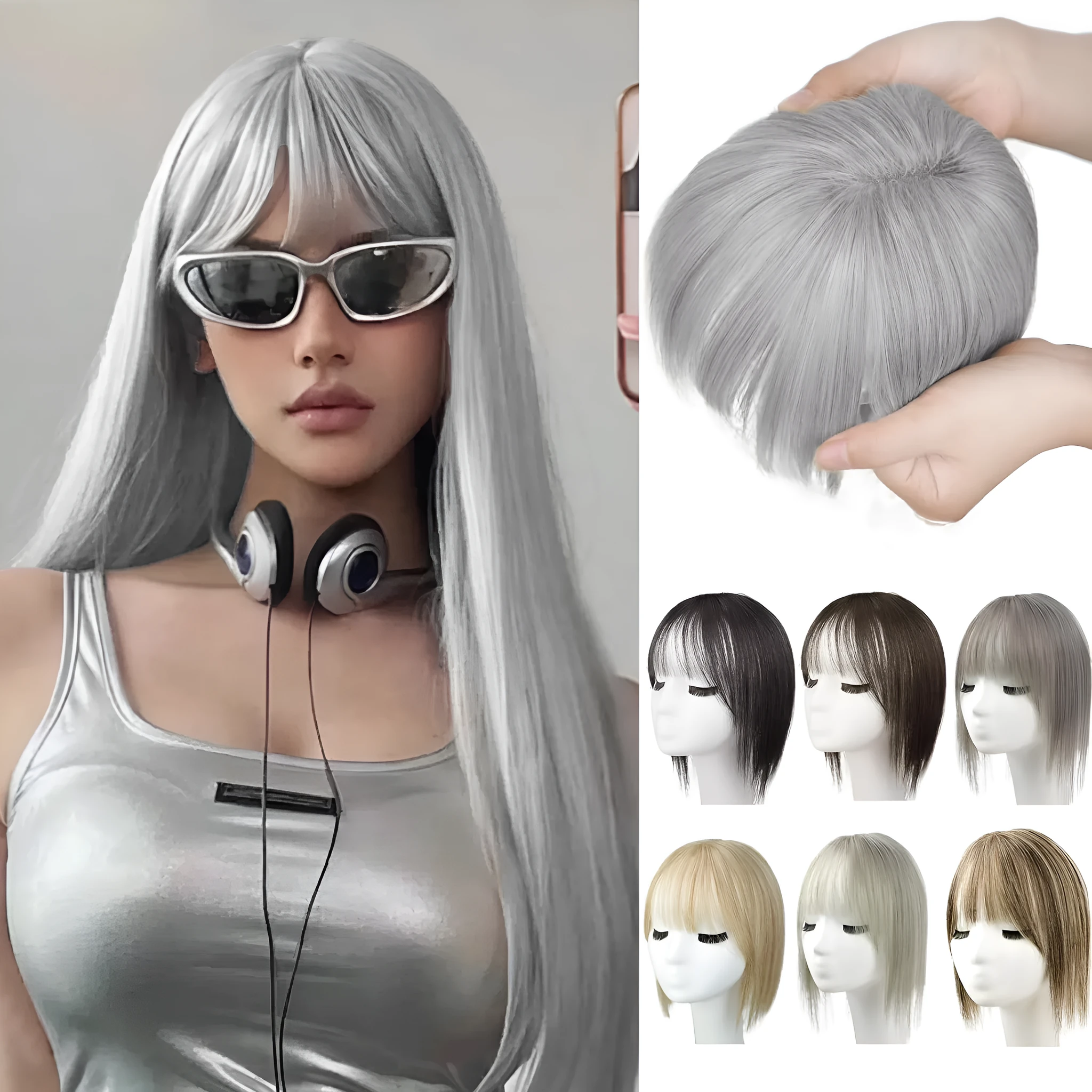 Women's hand-woven high temperature fibre wig natural lightweight breathable cover grey hair invisible cap